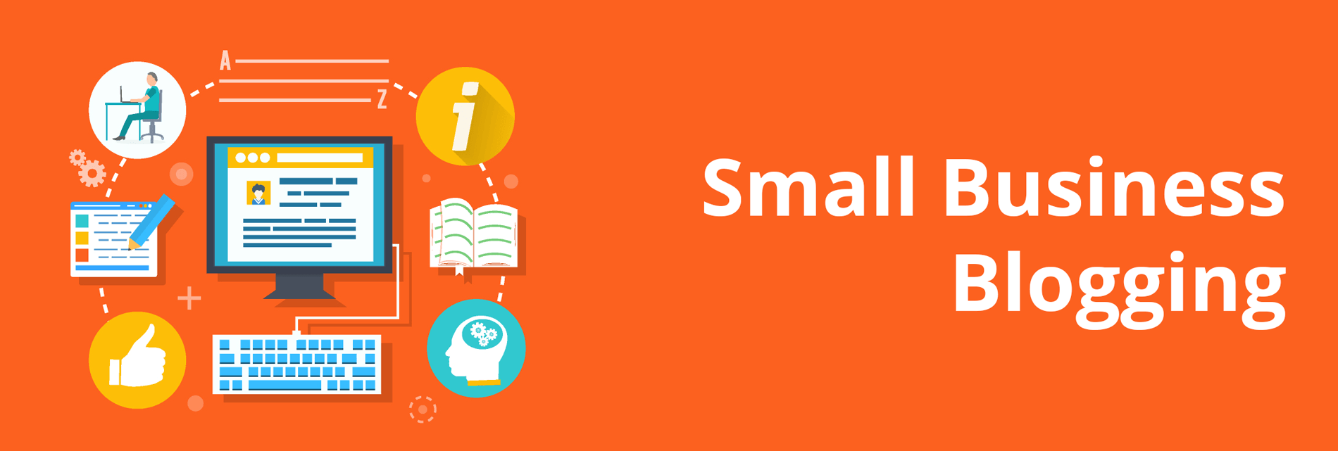 A small business blogging banner with a computer and icons on an orange background.