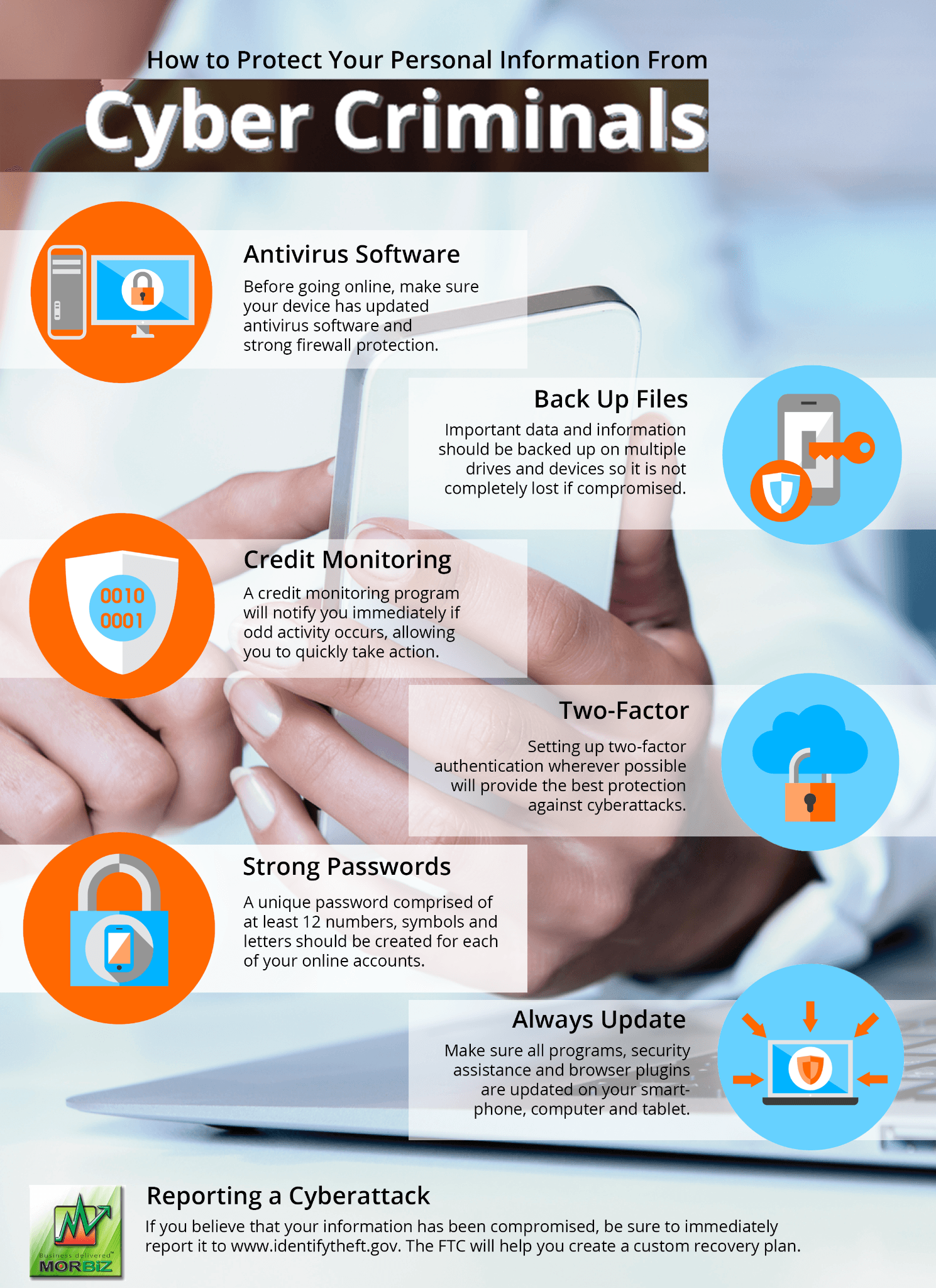 A poster about cyber criminals with a picture of a person holding a cell phone.