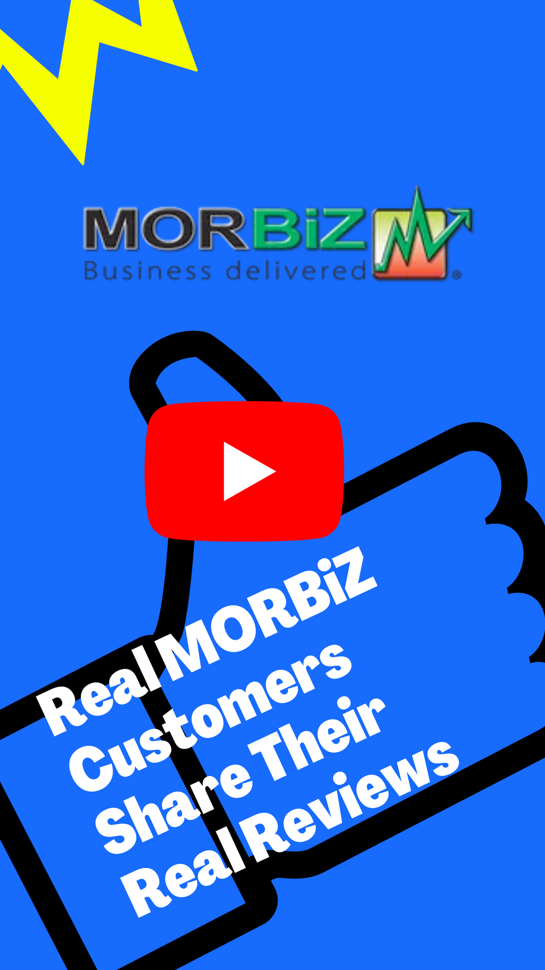 MORBIZ video with a red play button, a thumbs up, and text: