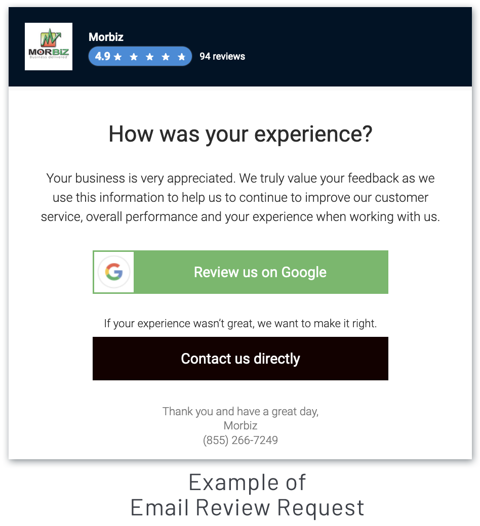 A screenshot of an email review request asking how was your experience.