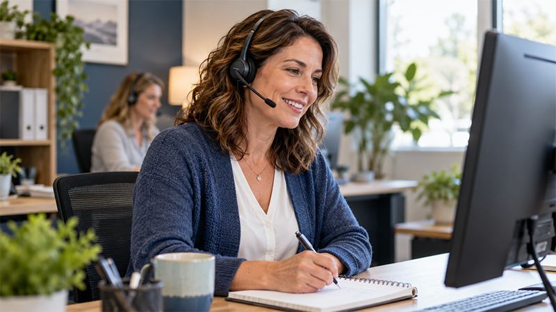 Woman wearing a headset writes in a notebook at a desk in a bright office while looking at a monitor.
