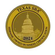 Texas SBA gold seal for 2024 Hispanic Owned Business Certification with Capitol dome.