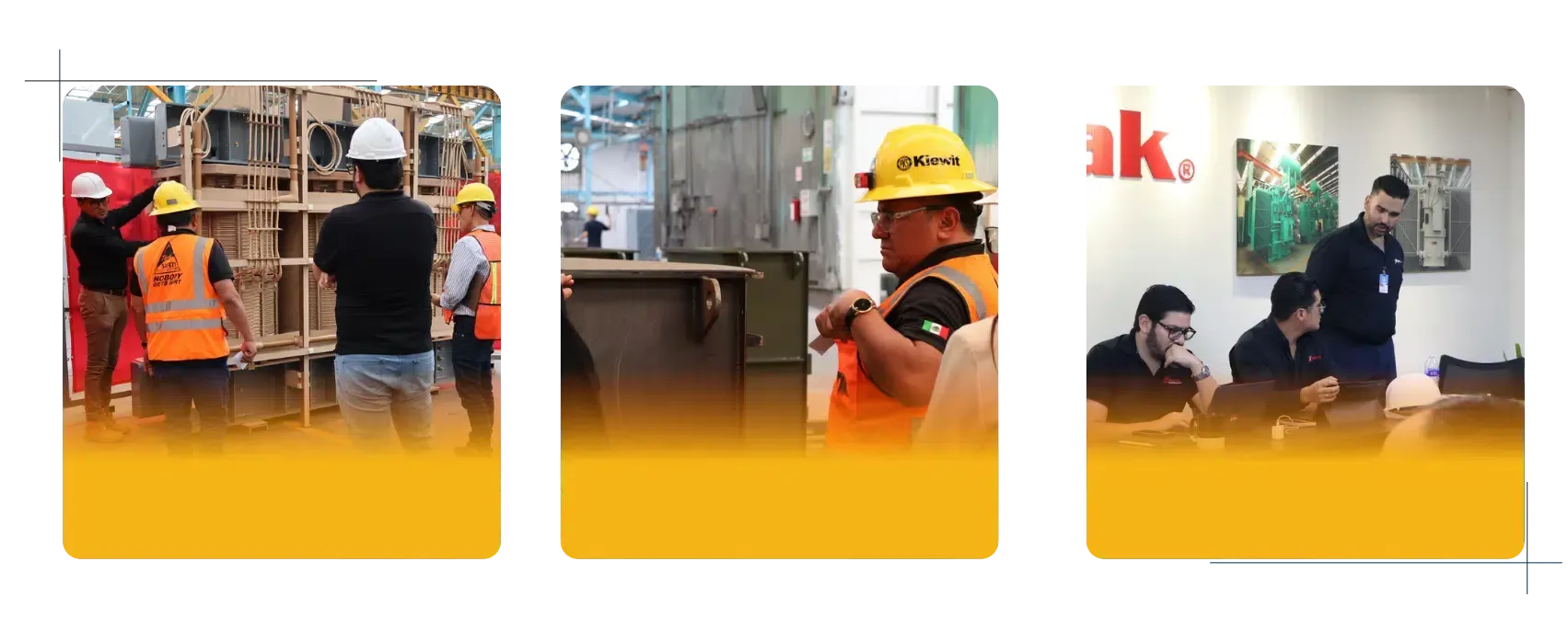 Three-panel collage of workers in orange safety gear and hard hats at a trade show booth.
