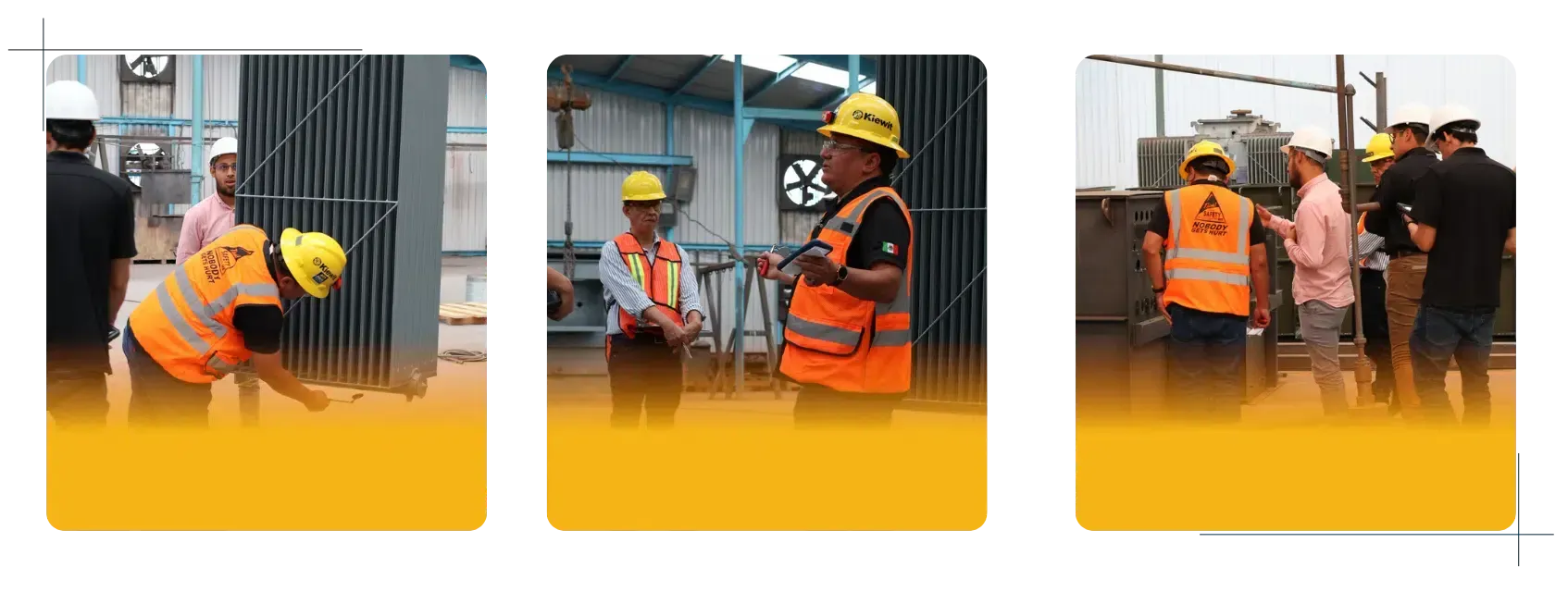 Construction workers in orange vests and hard hats inspecting a building site with equipment and barricades