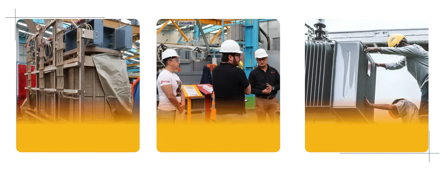 Three construction site photos showing scaffolded structure, workers in hard hats, and a tarp-covered section