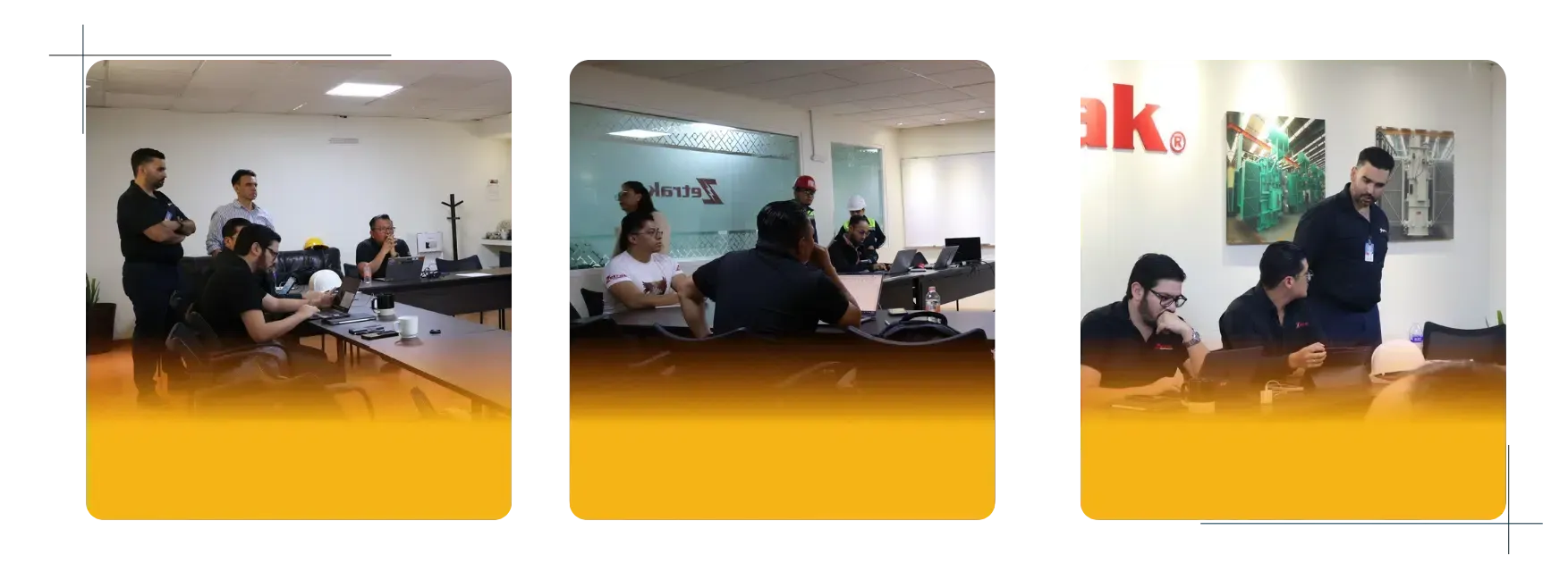 Three-panel photo collage of people gathered in a classroom or meeting room, seated around tables and speaking.