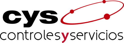 CYS Controles y Servicios logo with black text and a red orbital graphic on white background