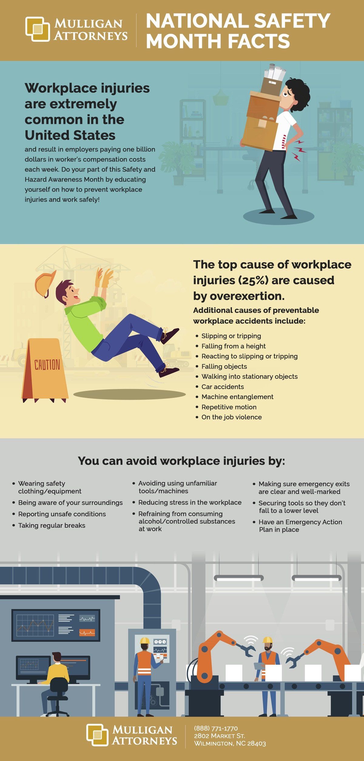 A poster for national safety month facts shows a man falling and a man carrying a box.