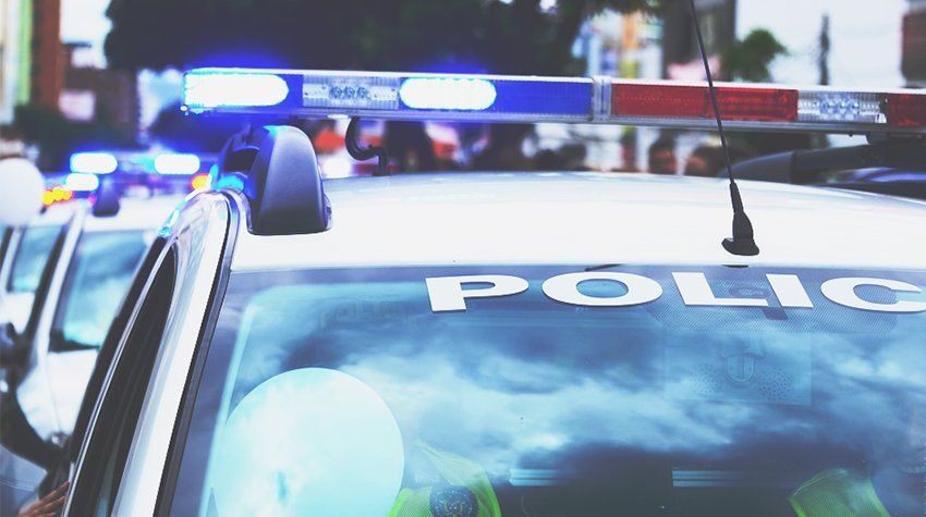 A row of police cars are parked next to each other on a city street.
