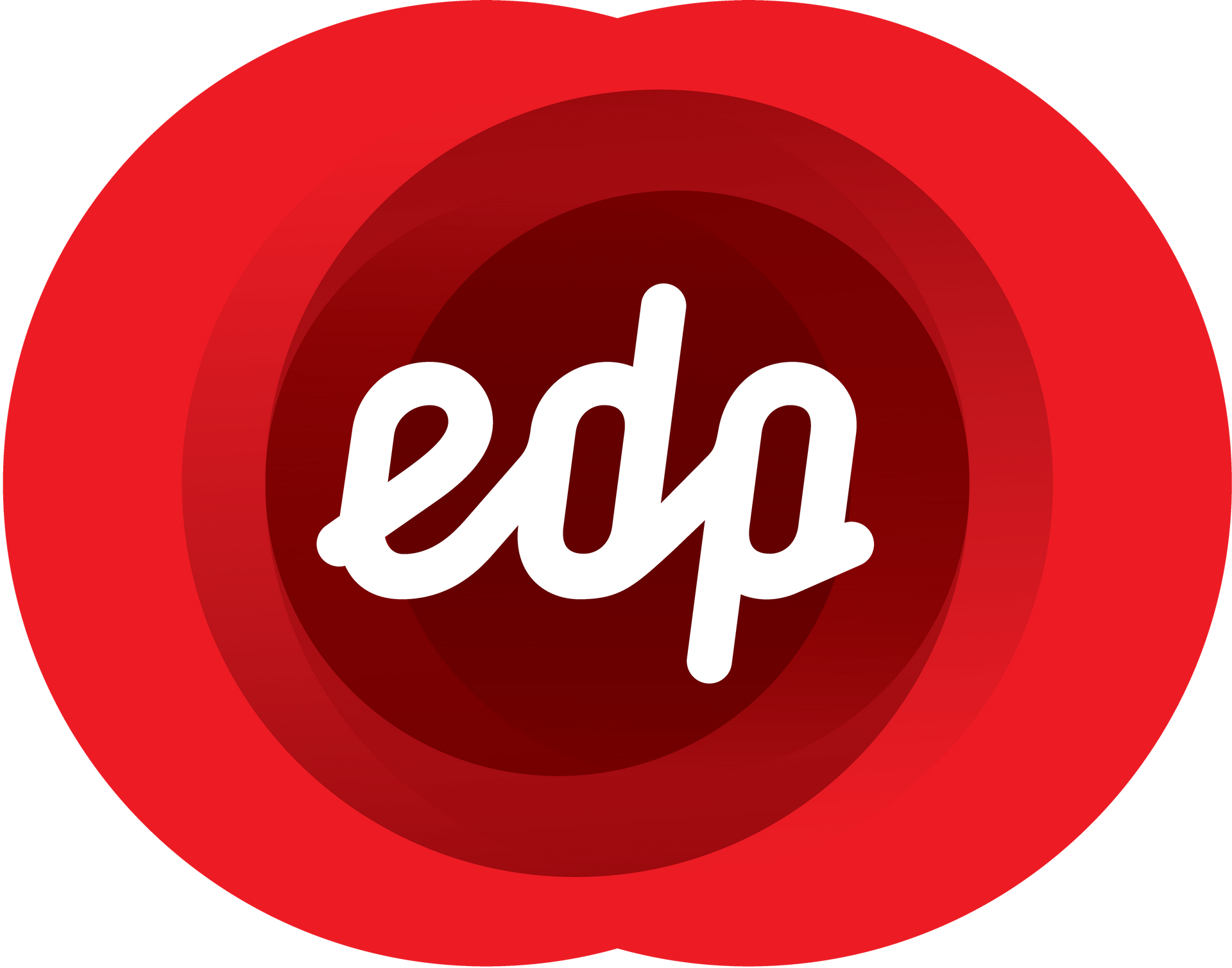 Logotipo vermelho com a inscrição "edp" em branco dentro de círculos concêntricos.