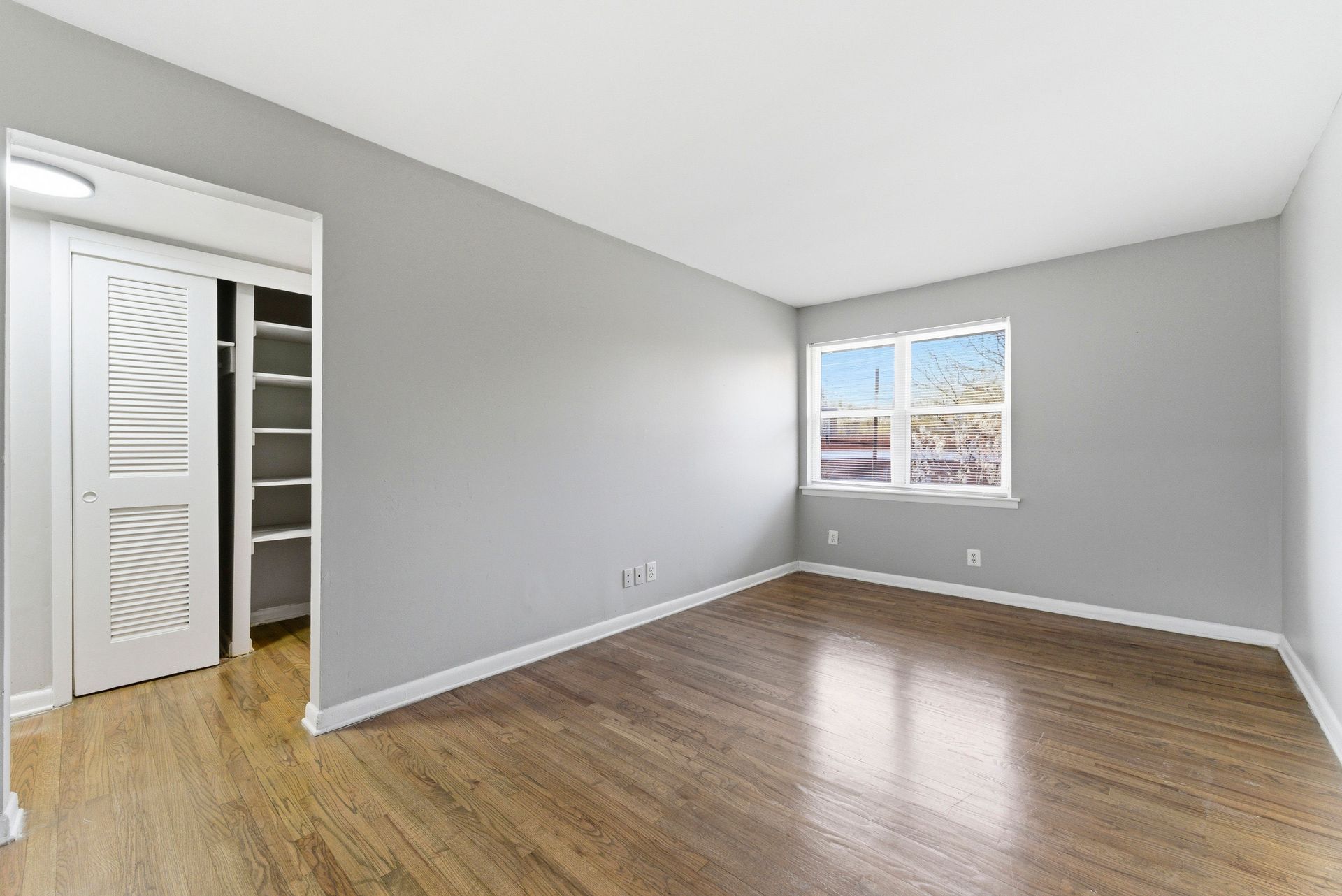 Empty gray bedroom with hardwood floors and a window letting in daylight