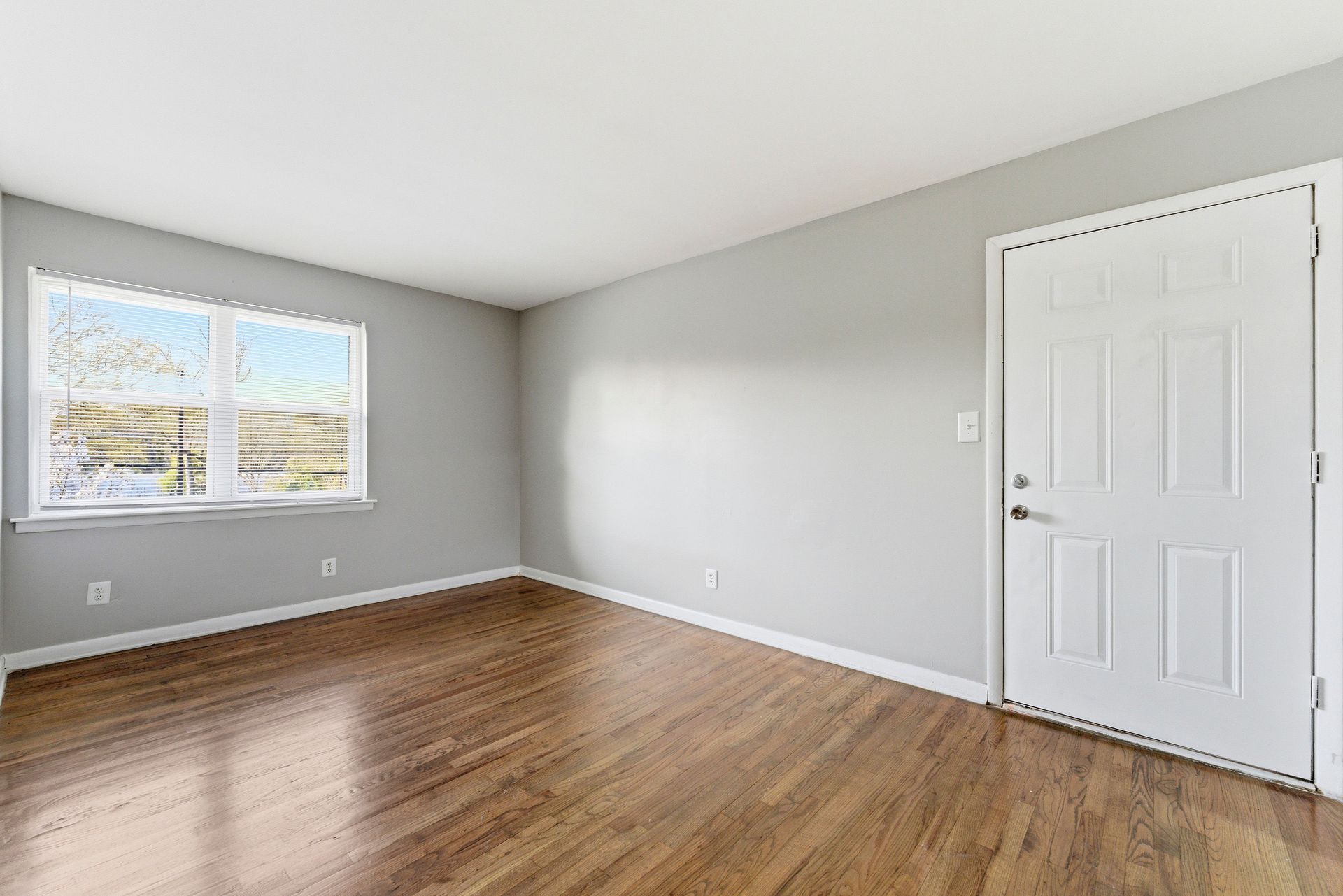 Empty gray room with hardwood floors, white door, and a window with blinds letting in sunlight