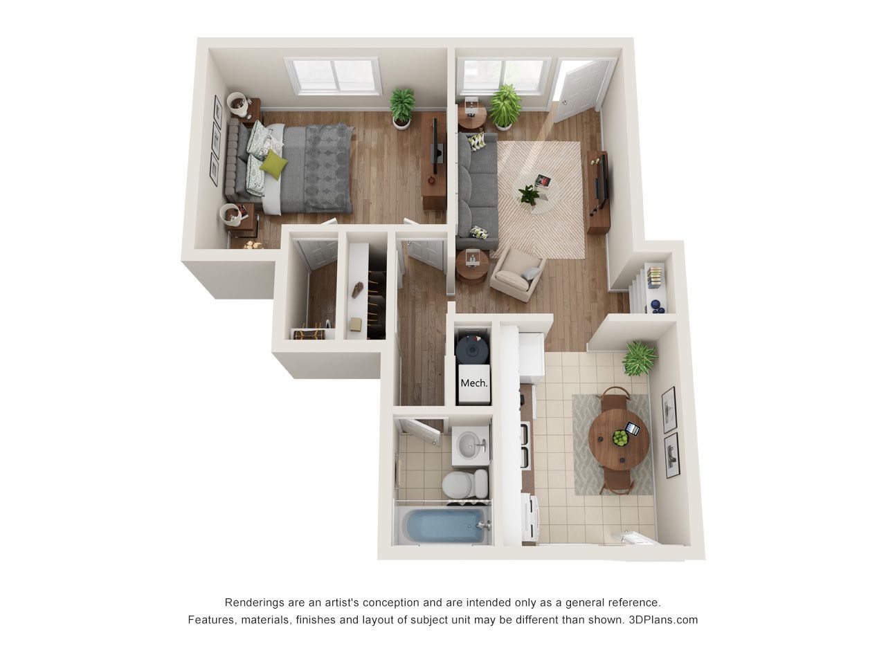 3D floor plan of a compact apartment with bedroom, bathroom, kitchen, and living area