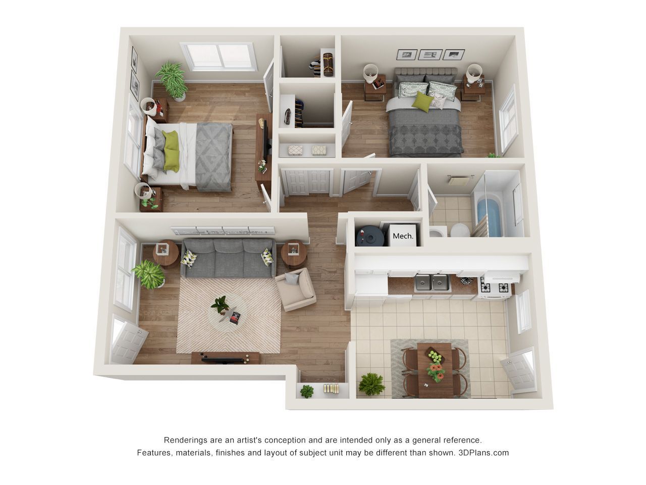 Top-down 3D floor plan of a furnished apartment with living room, kitchen, bedroom, bathroom, and hall