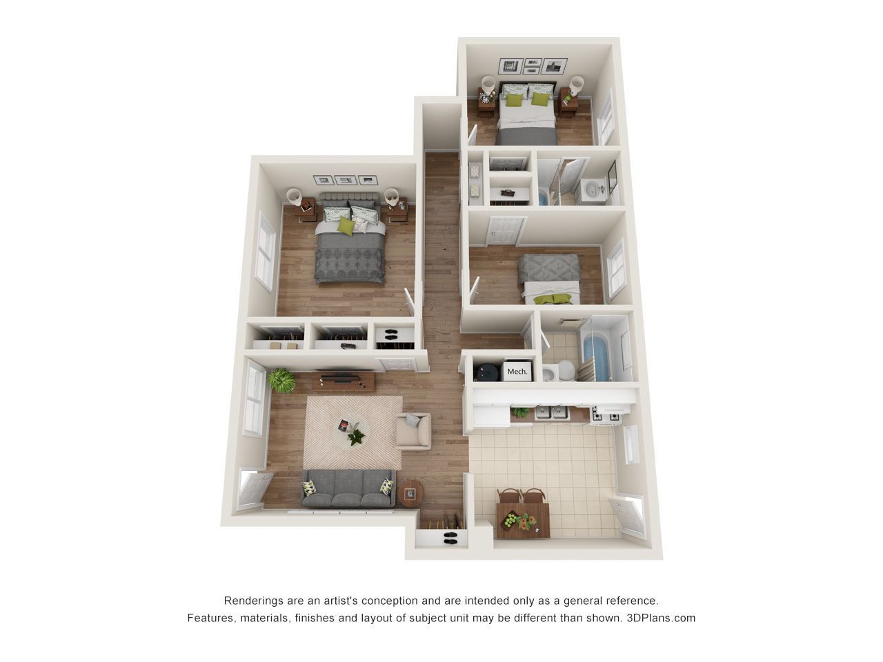 3D apartment floor plan with bedrooms, bathrooms, kitchen, living room, and balcony in a white interior layout