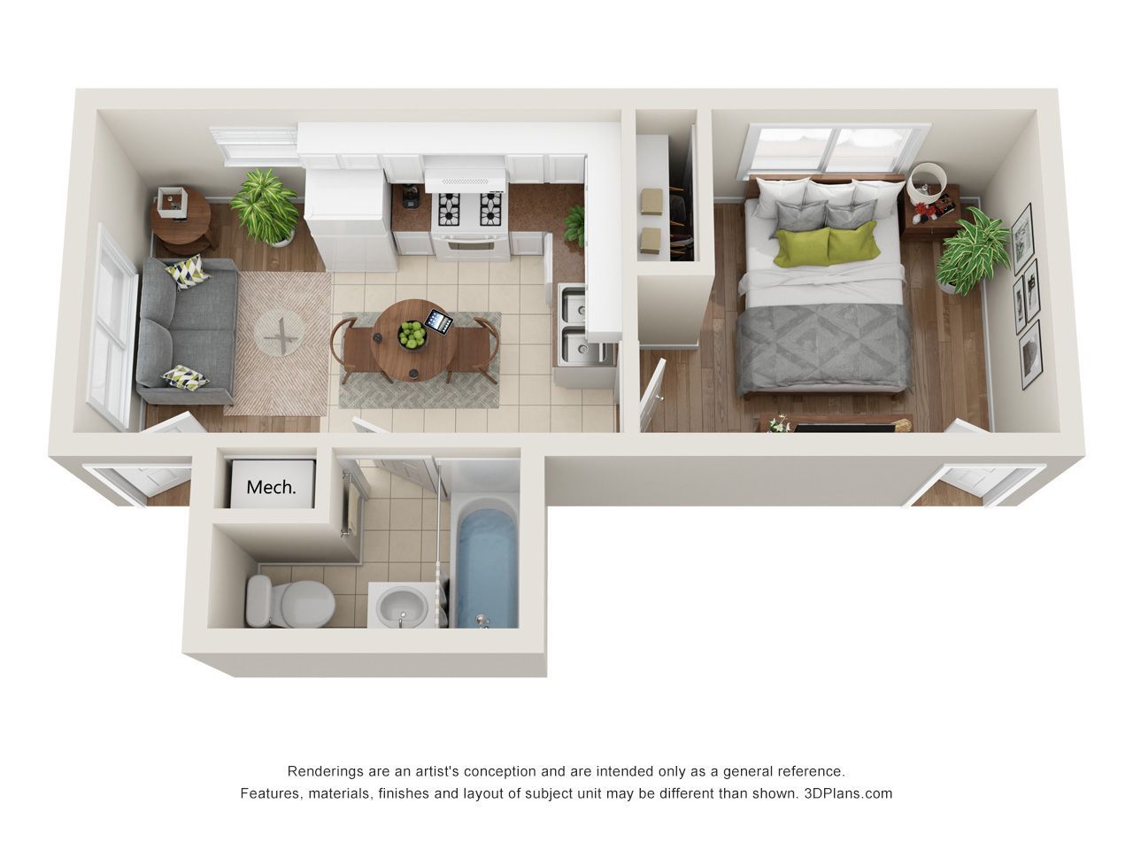 Top-down floor plan of a small apartment with bedroom, living area, kitchen, and bathroom.
