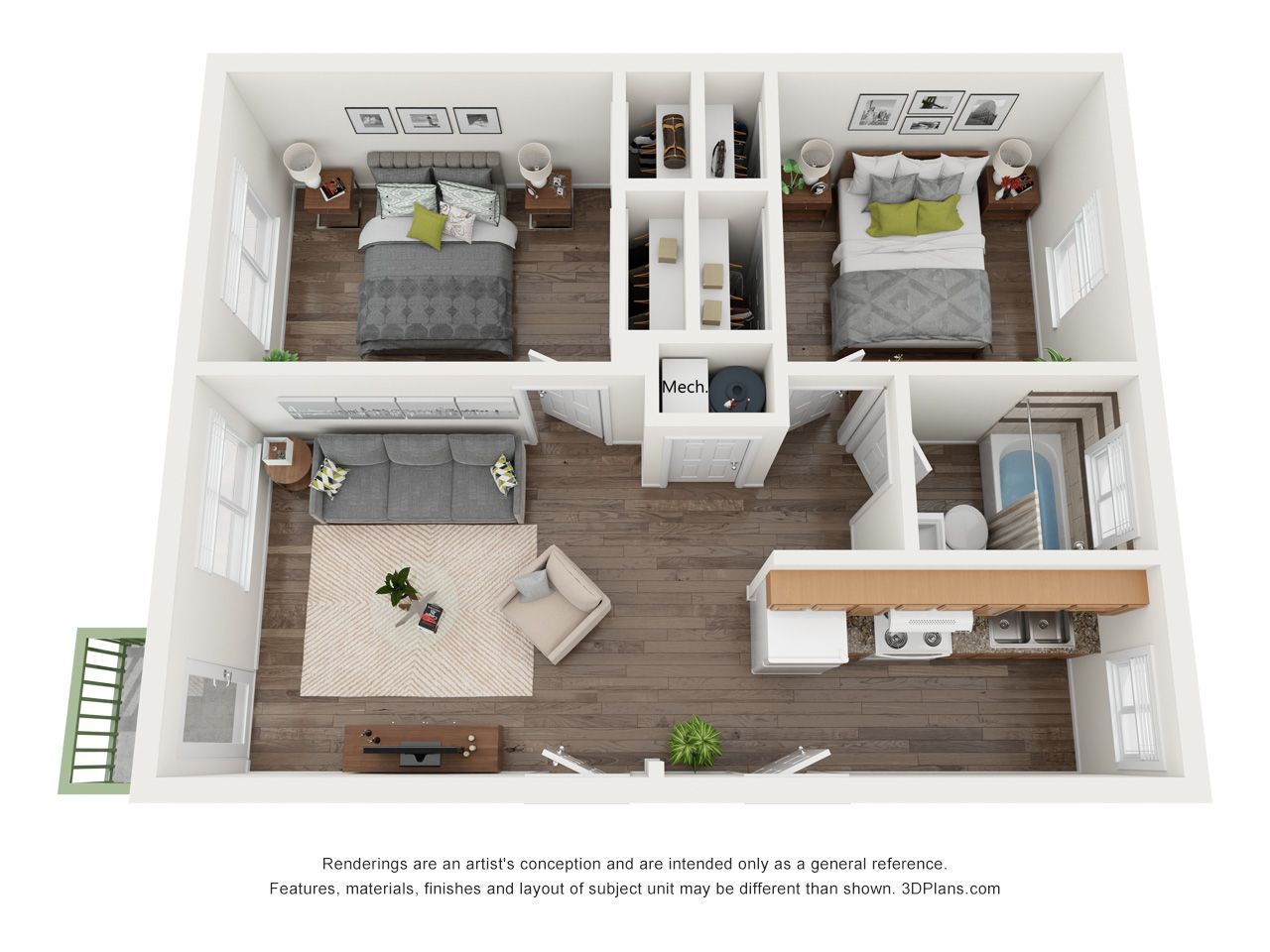 3D floor plan of a small apartment with two bedrooms, living room, kitchen, and bathroom shown from above