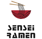 Logo di Sensei Ramen con ciotola di noodles rossi e bacchette sopra un testo nero stilizzato.