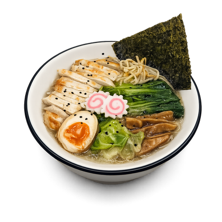 Ciotola di ramen giapponese con pollo a fette, uovo morbido, verdure, noodles, narutomaki e alghe.