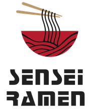 Logo di Sensei Ramen con bacchette sopra una ciotola di ramen rossa e testo nero