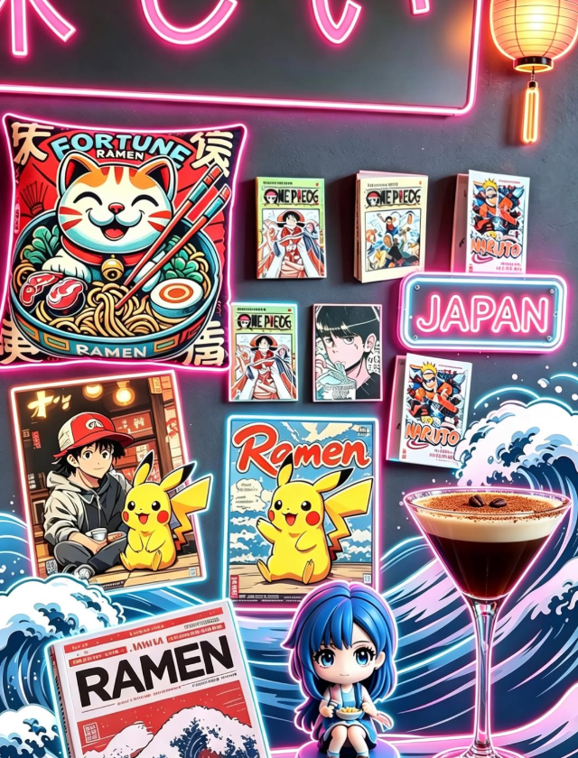 Collage al neon di illustrazioni di ramen, motivi giapponesi, Pikachu, personaggi anime e un bicchiere da cocktail su uno sfondo rosa acceso.