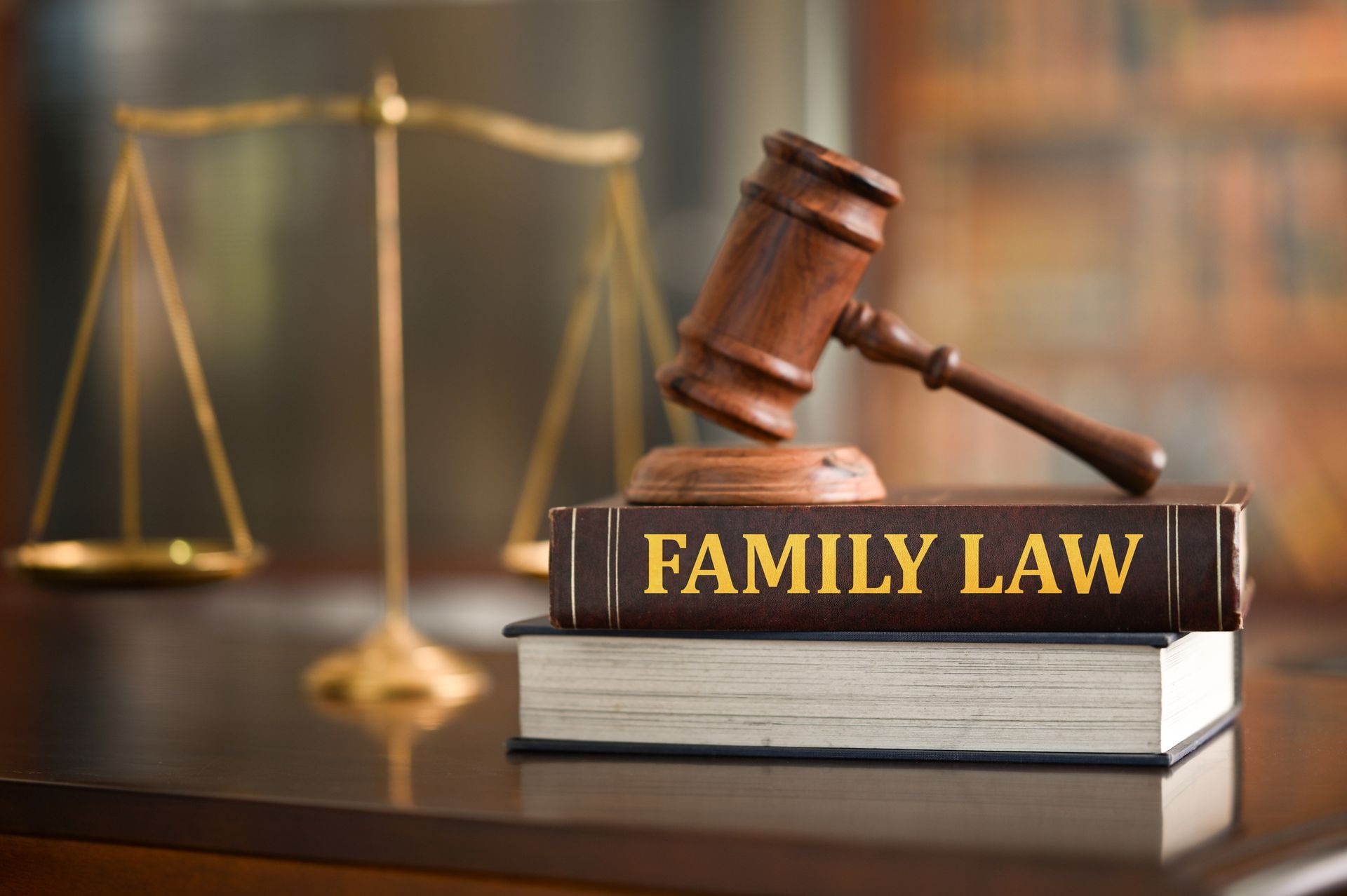 Family law books on desk in law firm representing legal education.