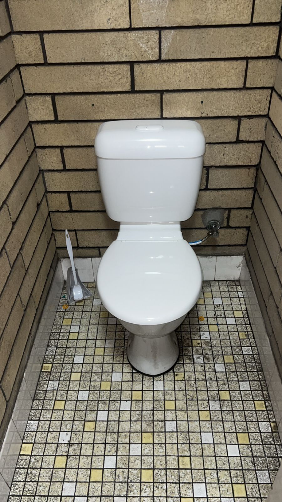 White toilet in a small tiled restroom stall with a toilet brush beside it — Nightcliff Plumbing & Gas In Casuarina, NT