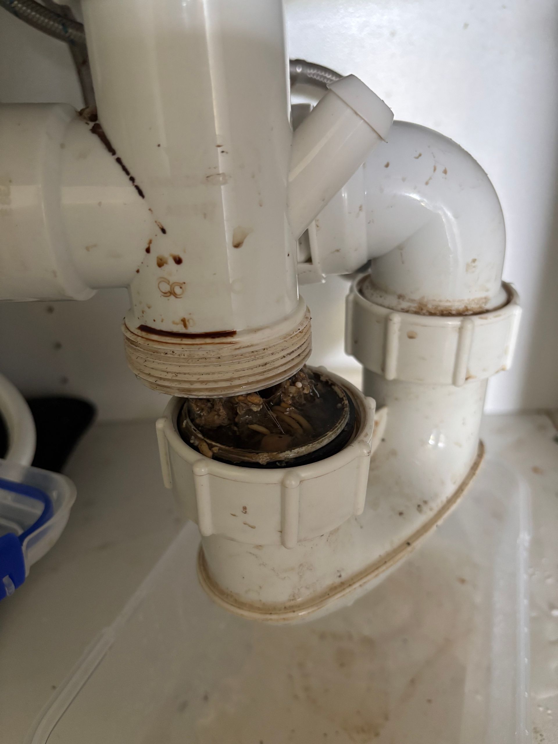 Under-sink plumbing with a dirty, corroded pipe joint and drain trap — Nightcliff Plumbing & Gas In Coconut Grove, NT