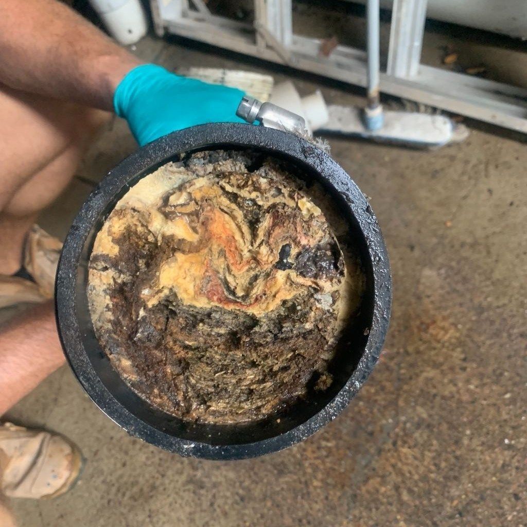 A Person Wearing Blue Gloves is Holding a Dirty Pipe — Nightcliff Plumbing & Gas In Palmerston, NT