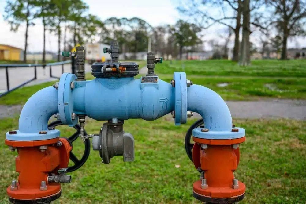 A Blue and Orange Water Pipe is Sitting on Top of a Lush Green Field — Nightcliff Plumbing & Gas In Coconut Grove, NT