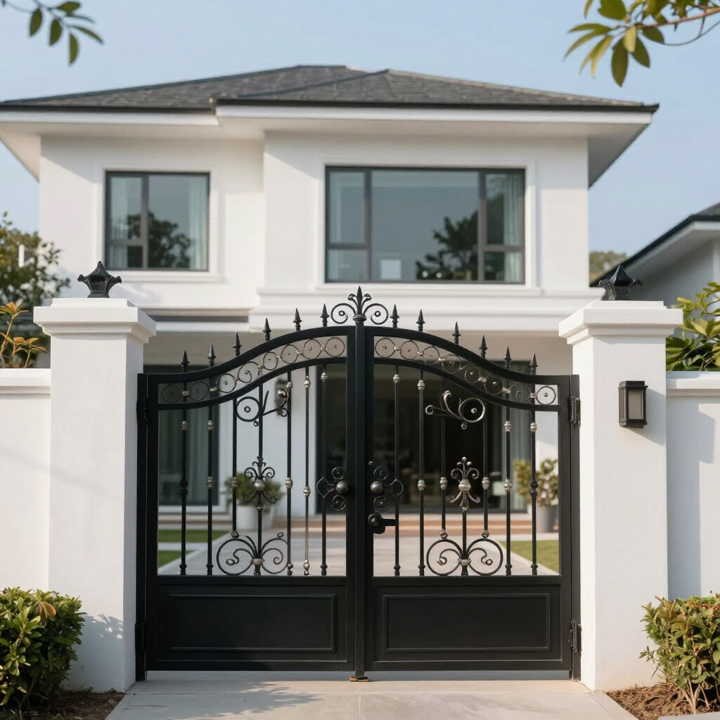 A spacious white Campbell home with a black gate, surrounded by trees beneath a clear sky.
