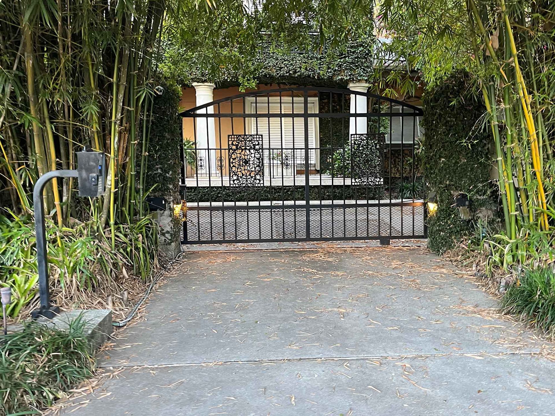 Home driveway with bamboo and sliding metal gate