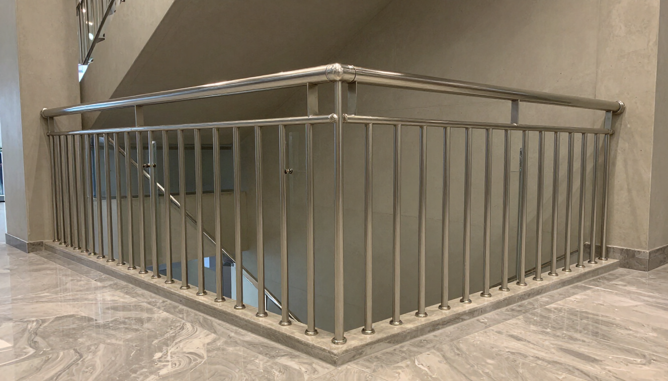 Staircase with metal railing in an indoor beige hallway