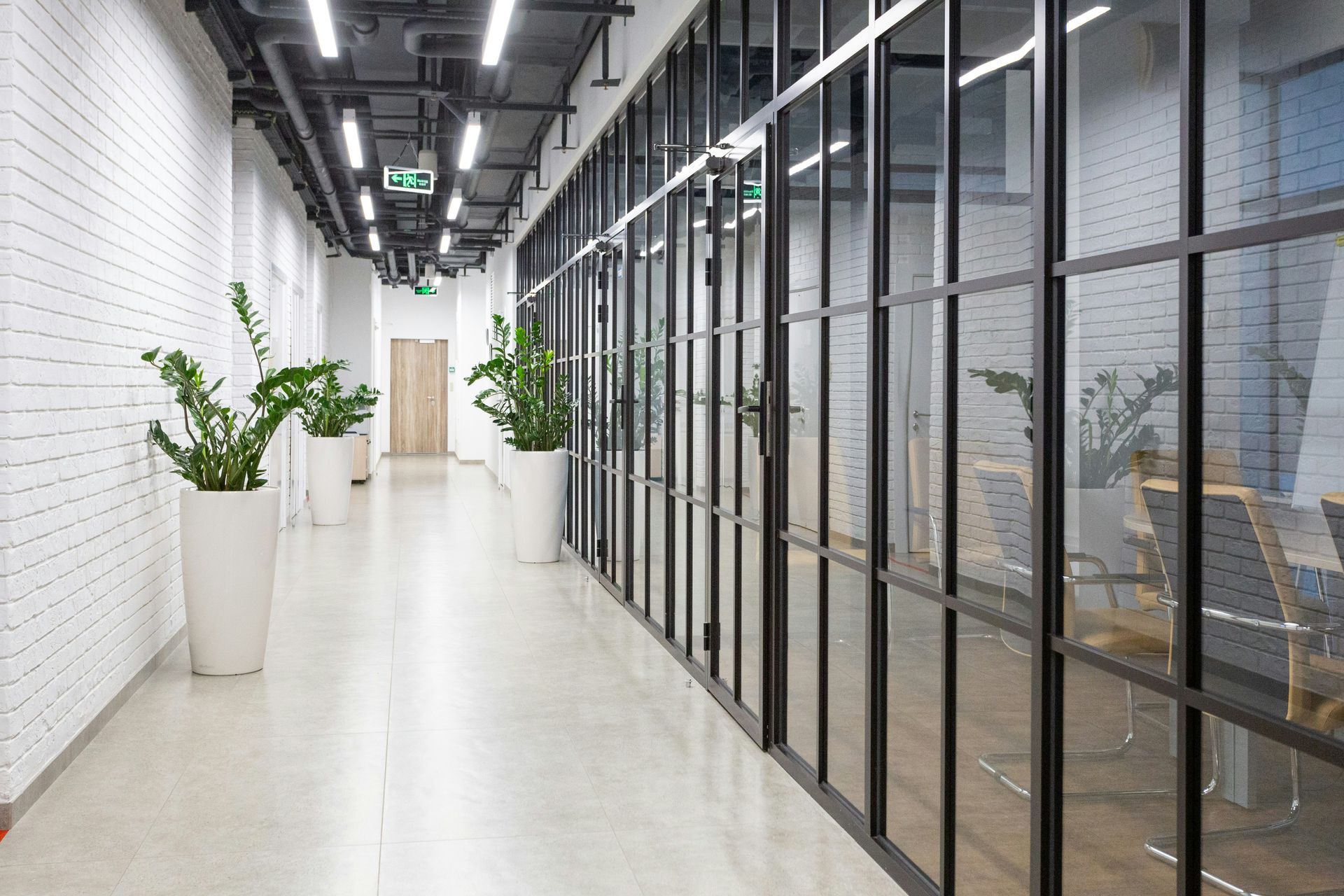 Modern office hallway with glass-walled rooms, white brick walls, potted plants, and bright overhead lighting
