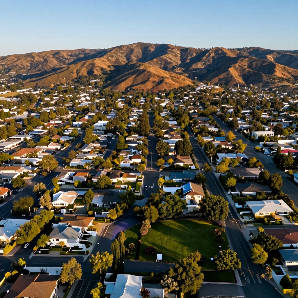 Aerial view of a suburban neighborhood with houses, trees, and hills in the background at sunset in Saratoga, CA
