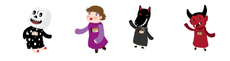 Four cartoon characters dancing: a white ghost, a purple figure, and two black-and-red devils.