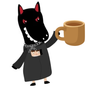 Cartoon black wolf in a dark coat holding a brown mug and wearing a chain necklace