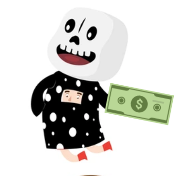 Cartoon ghost in black polka-dot dress holding a dollar bill, with a spooky face on a white background