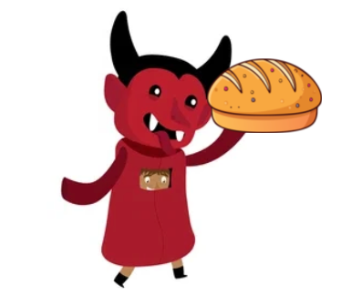 Red cartoon devil holding a loaf of bread, smiling on a white background