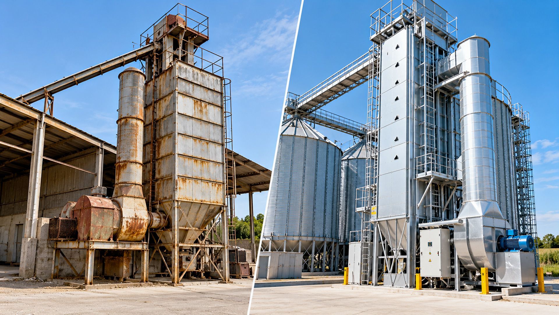 Confronto tra impianto di essiccazione cereali di vecchia generazione e nuovo impianto tecnologico