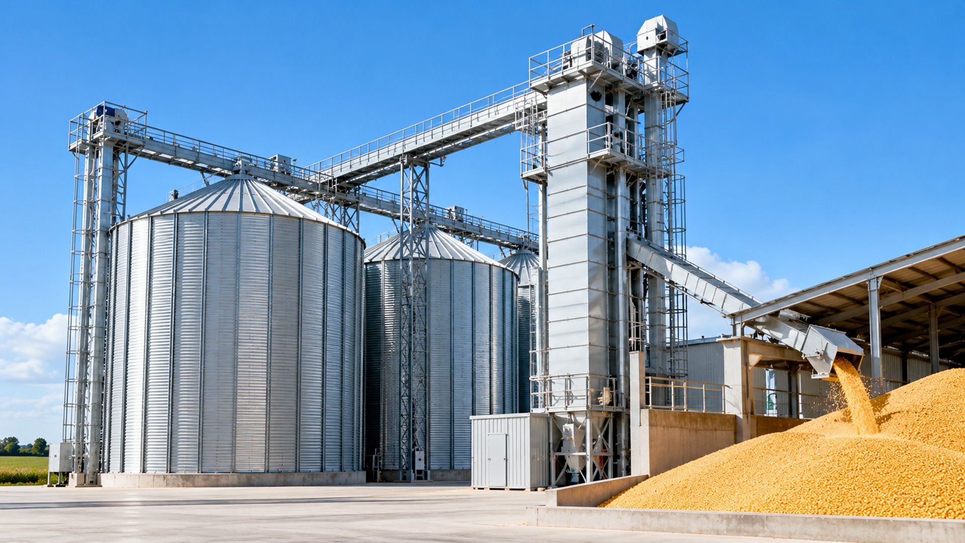 Testo Alternativo Immagine (ALT): Batteria di silos metallici cilindrici e celle di stoccaggio quadr
