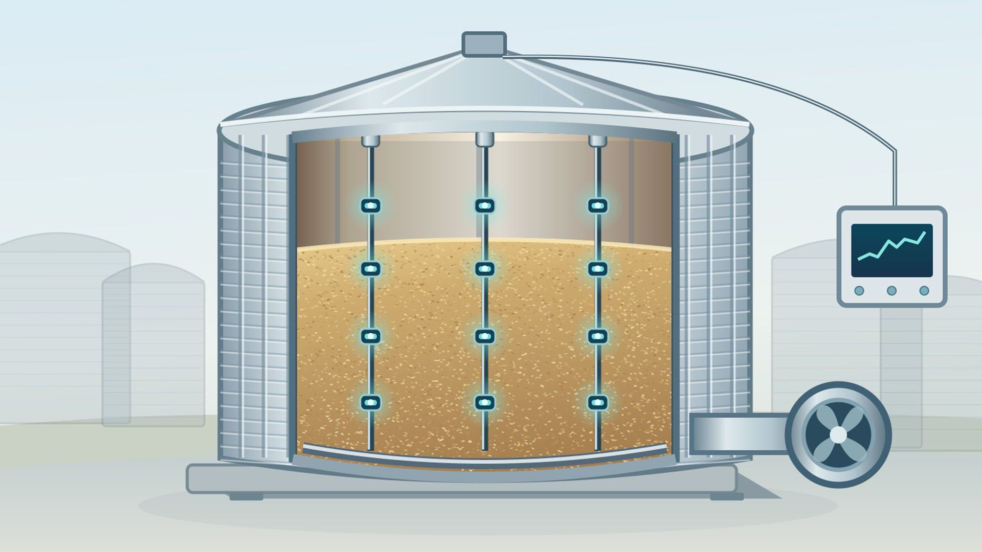 Sonde termometriche multipunto sospese all'interno di un silos di stoccaggio cereali Ravaro