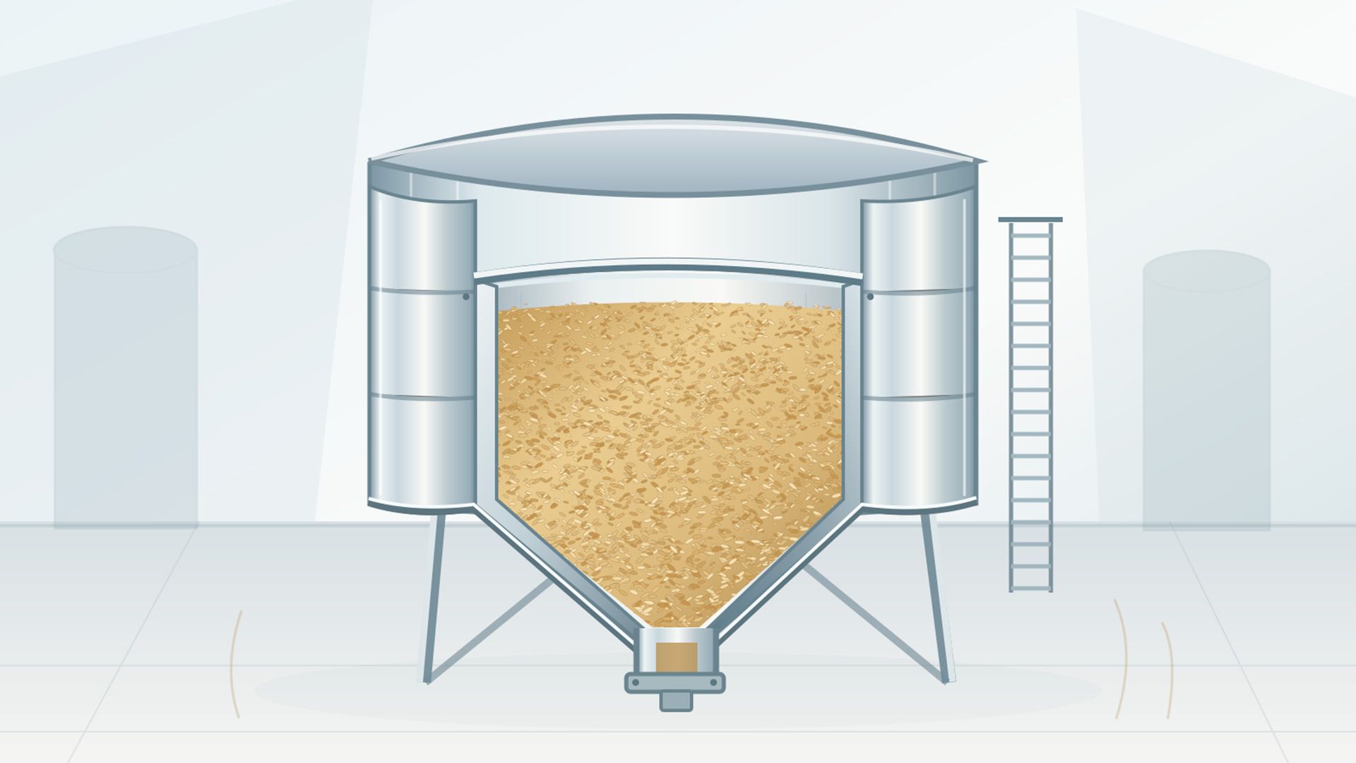 Interno di silos di stoccaggio con pareti lisce e tramoggia di scarico totale per cereali bio Ravaro