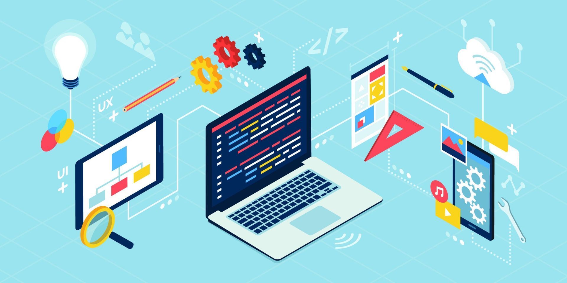 An isometric illustration of a laptop , computer , and cell phone.