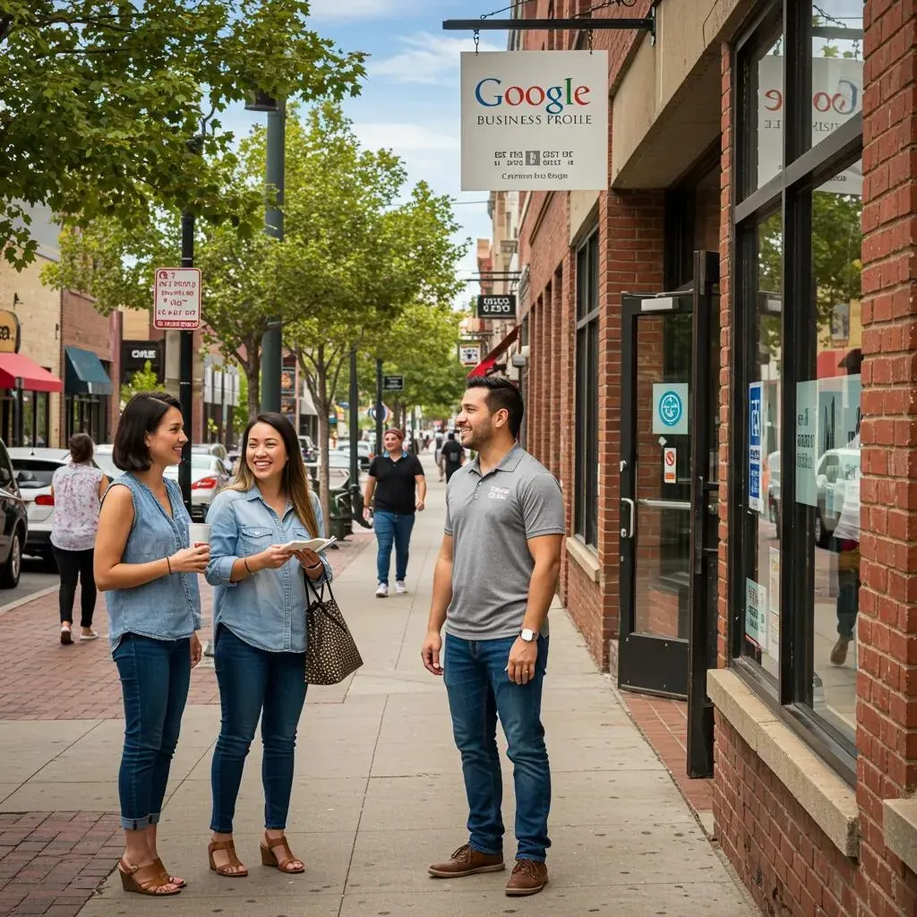 Three people standing outside a Google Business sign on a city sidewalk. The man wears a gray shirt.
