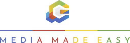 A logo for lingows media -  media made easy with a google circle in the middle.