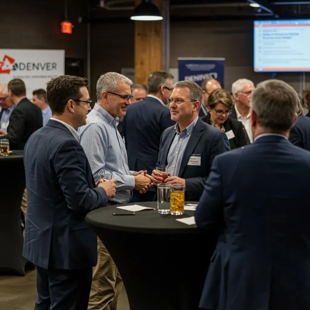 People in suits networking at an event, some are shaking hands. Black tables, a Denver sign in the background.