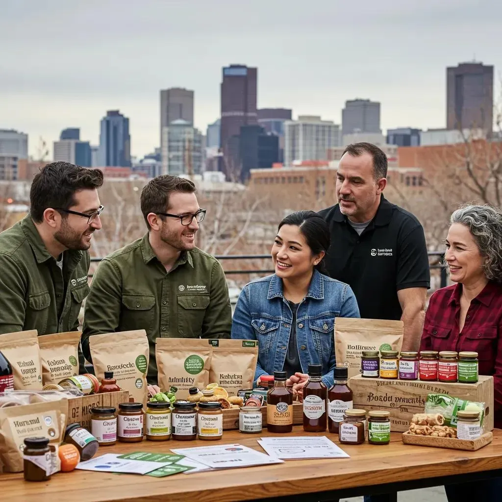 Group of people with food products, smiling, outdoors with a city skyline backdrop.