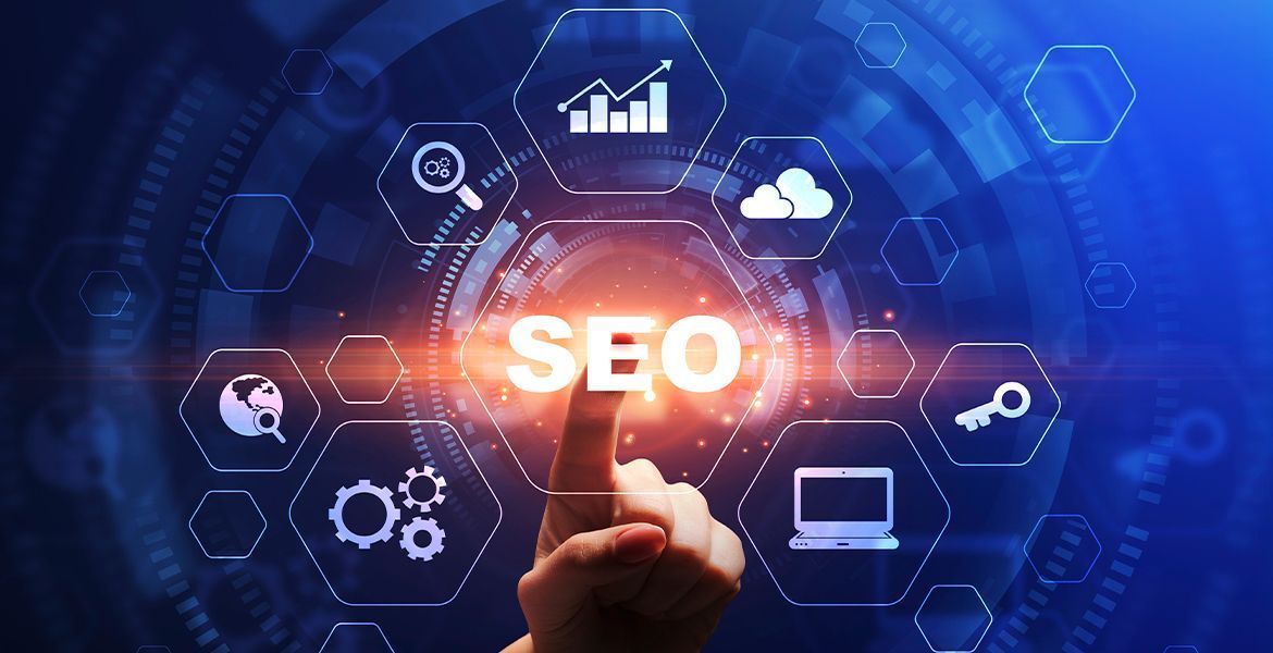 A person is pressing a button that says seo on a futuristic screen.