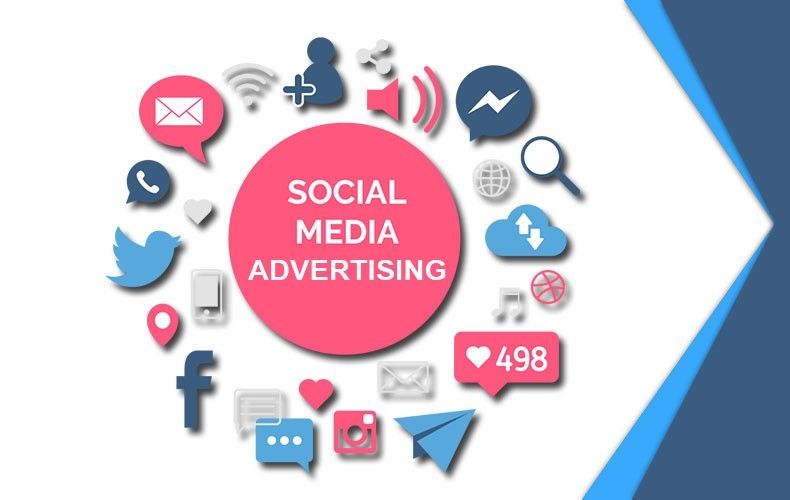 A circle of social media advertising icons on a blue and white background.